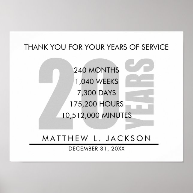 20 Years Retirement or Employee Appreciation Gift Poster (Front)
