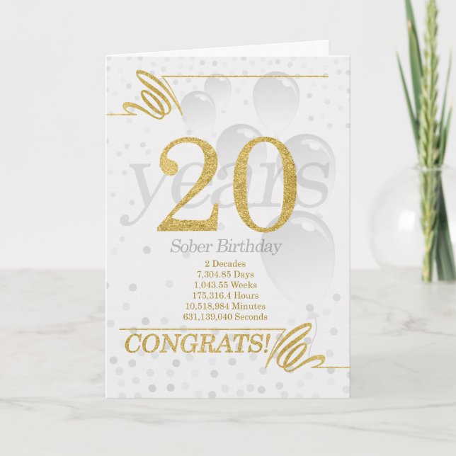 20 Years Sober Birthday Faux Gold Glitter Card (Front)