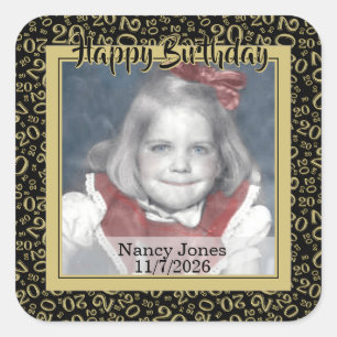 20 Your Photo Random Number Pattern Black/Gold Square Sticker