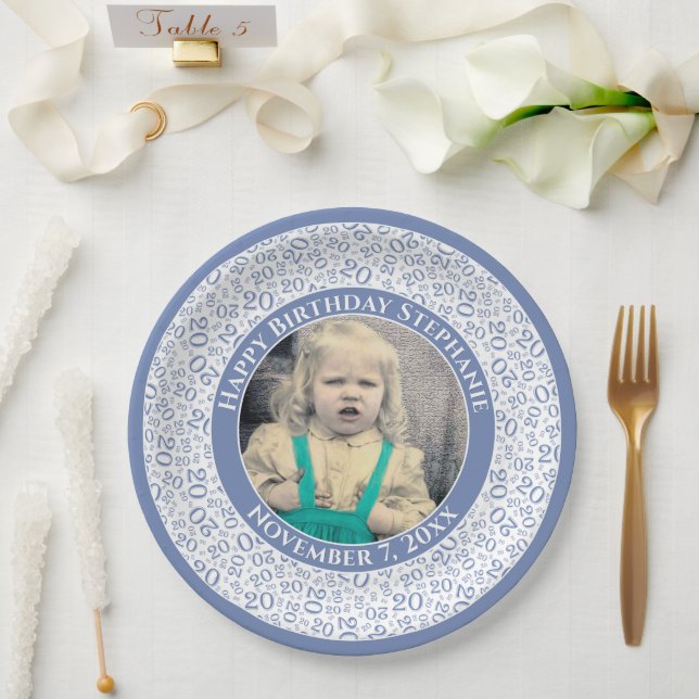 20 Your Photo Random Number Pattern Blue/White Paper Plate (Wedding)