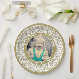 20 Your Photo Random Number Pattern Gold/White Paper Plate