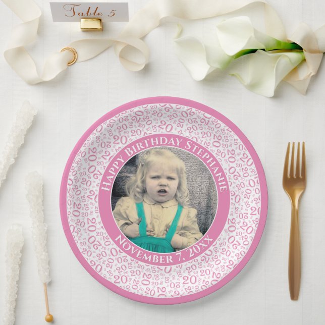 20 Your Photo Random Number Pattern Pink/White Paper Plate (Wedding)