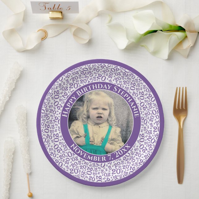 20 Your Photo Random Number Pattern Purple/White Paper Plate (Wedding)