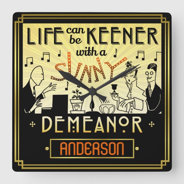 20s Retro Art Deco Sunny Demeanour Custom Name Square Wall Clock (Front)
