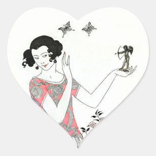 20s Vintage Fashion Illustration Cupid & Woman Heart Sticker
