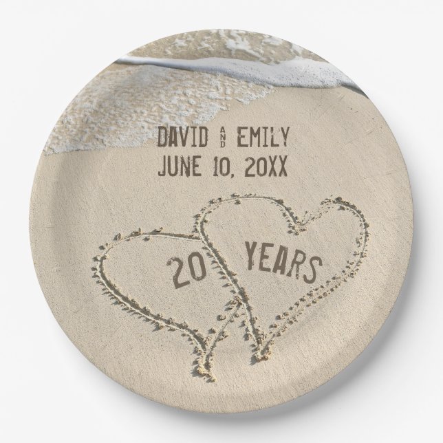 20th Anniversary Beach Hearts Paper Plate (Front)