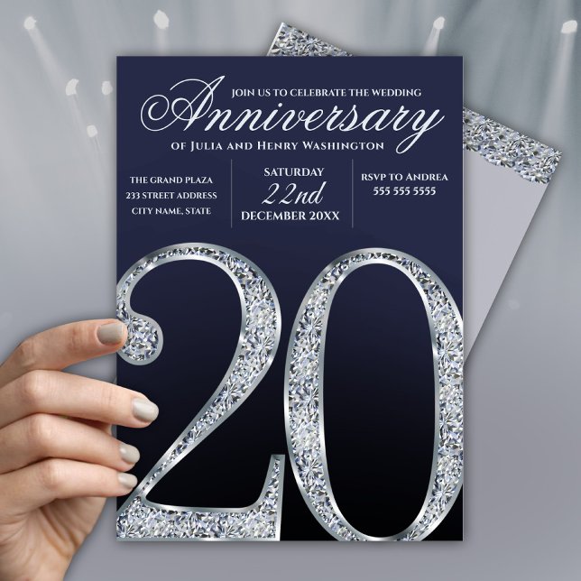 20th Anniversary Diamond Silver Dark Blue Years Invitation (Creator Uploaded)