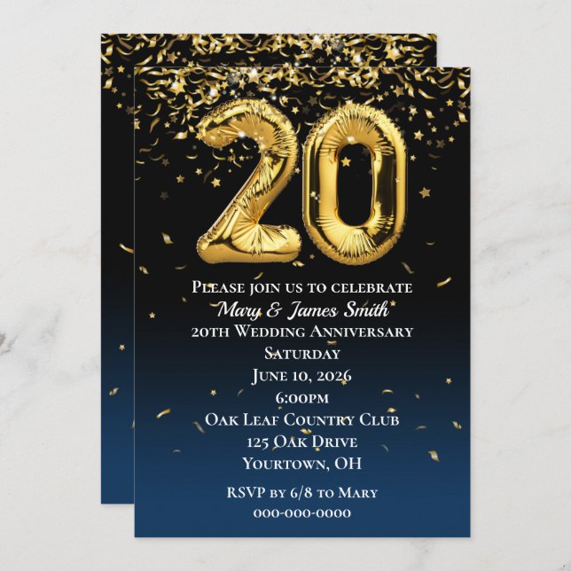 20th Anniversary Gold Balloons and Confetti Invita Invitation (Front/Back)