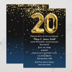 20th Anniversary Gold Balloons and Confetti Invita Invitation