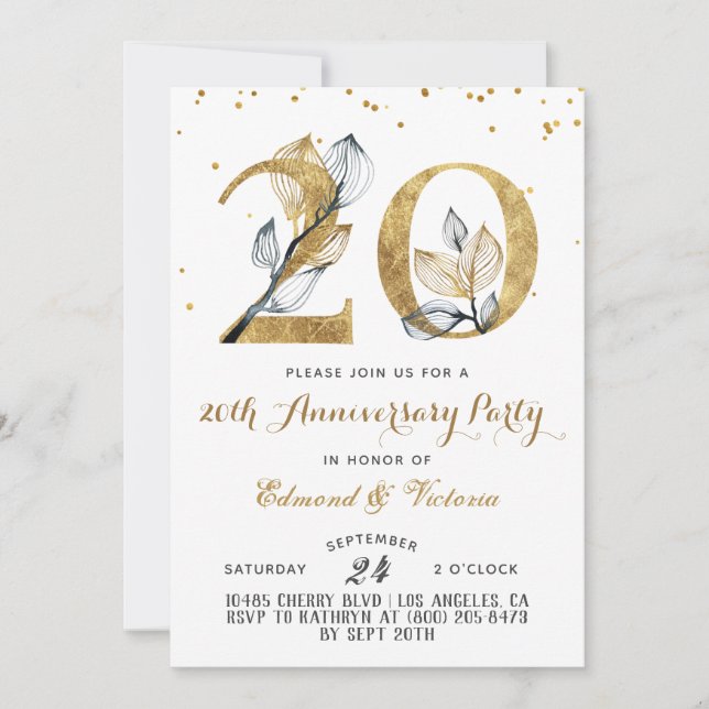 20th Anniversary Gold Floral Invitation (Front)