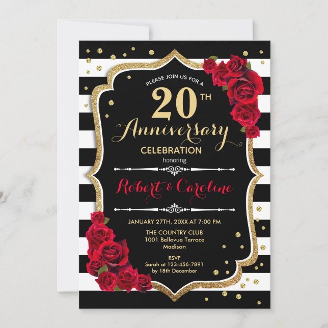 20th Anniversary Invitation - Red Gold Black White (Front)