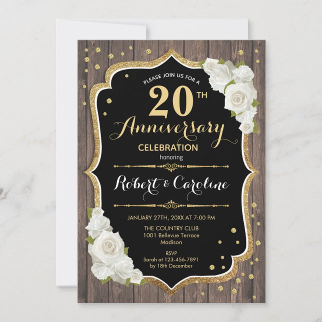 20th Anniversary Invitation - Rustic Wood Gold (Front)