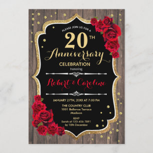 20th Anniversary Invitation - Wood Red Gold