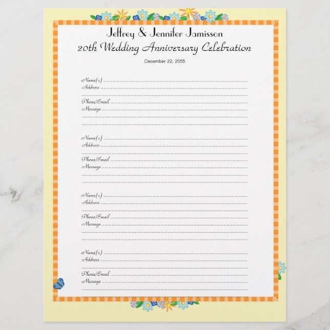 20th Anniversary Party Guest Book Sign-In Page (Front)