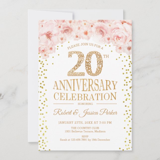 20th Anniversary Party - White Gold Invitation (Front)