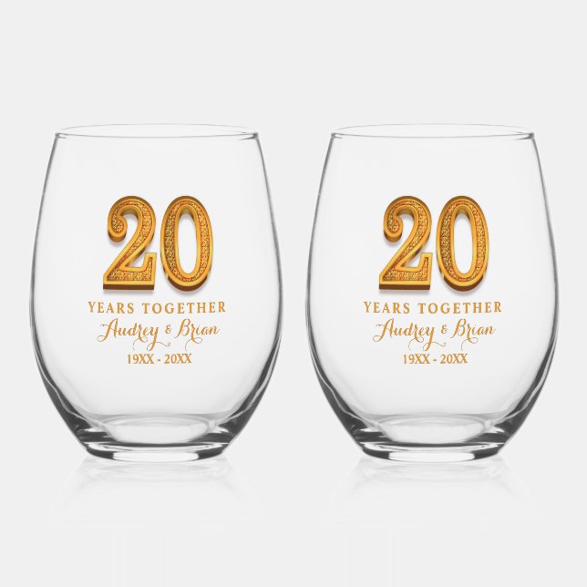 20th Anniversary Personalised Stemless Wine Glass (Front)