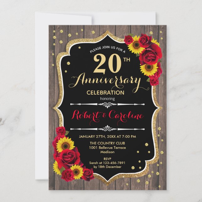 20th Anniversary - Sunflowers Rustic Wood Invitation (Front)