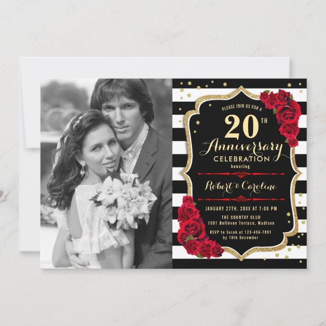 20th Anniversary with Photo - Gold Black Red Invitation (Front)