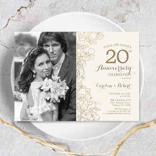 20th Anniversary With Photo - Ivory Gold Floral Invitation