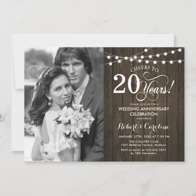 20th Anniversary with Photo - Rustic Wood Invitation (Front)