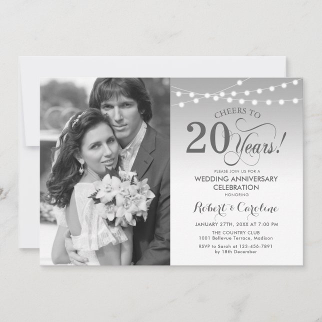20th Anniversary with Photo - Silver White Invitation (Front)