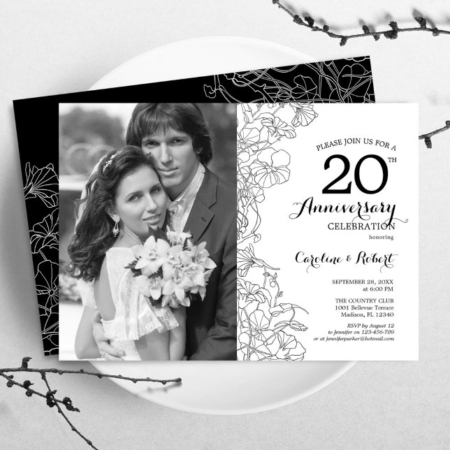 20th Anniversary With Photo - White Black Floral Invitation (Creator Uploaded)