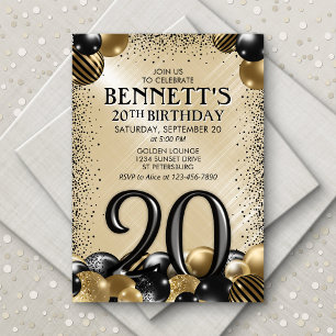 20th Balloons Black Gold Birthday Invitation
