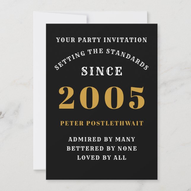 20th Birthday 2005 Black Gold Personalised For Him Invitation (Front)