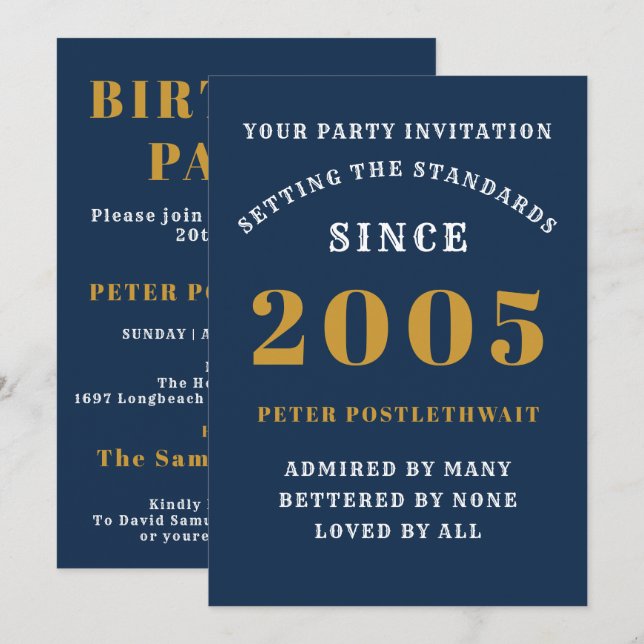 20th Birthday 2005 Blue Gold Personalised For Him Invitation (Front/Back)