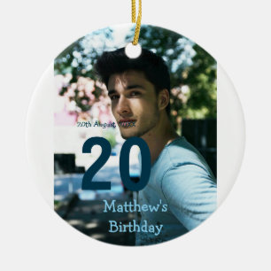20th birthday add name photo date man blue white s ceramic tree decoration