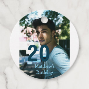 20th birthday add name photo date man blue white s favour tags