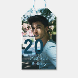 20th birthday add name photo date man blue white s gift tags