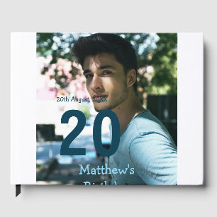 20th birthday add name photo date man blue white s guest book
