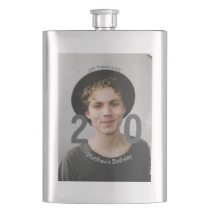 20th birthday add name photo date man blue white s hip flask