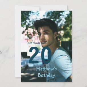 20th birthday add name photo date man blue white s invitation