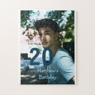 20th birthday add name photo date man blue white s jigsaw puzzle