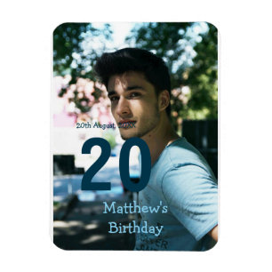 20th birthday add name photo date man blue white s magnet