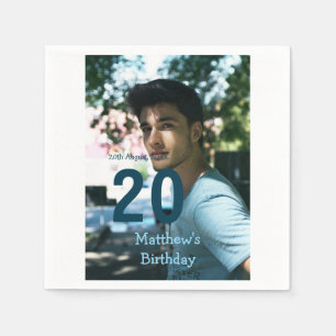 20th birthday add name photo date man blue white s napkin