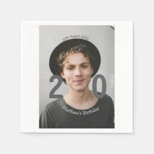 20th birthday add name photo date man blue white s napkin