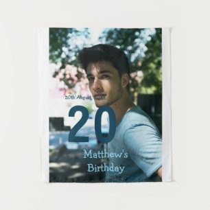 20th birthday add name photo date man blue white s tapestry