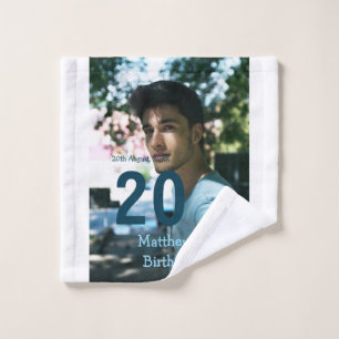 20th birthday add name photo date man blue white s wash cloth