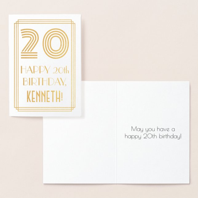 20th Birthday - Art Deco Inspired Look "20" & Name Foil Card (Display)
