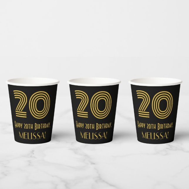 20th Birthday: Art Deco Inspired Look “20” & Name Paper Cups (Multi)