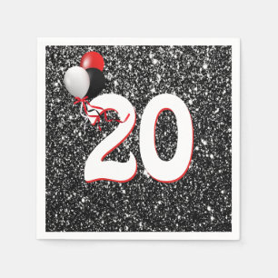 20th Birthday Balloons on Black Glitter Napkin