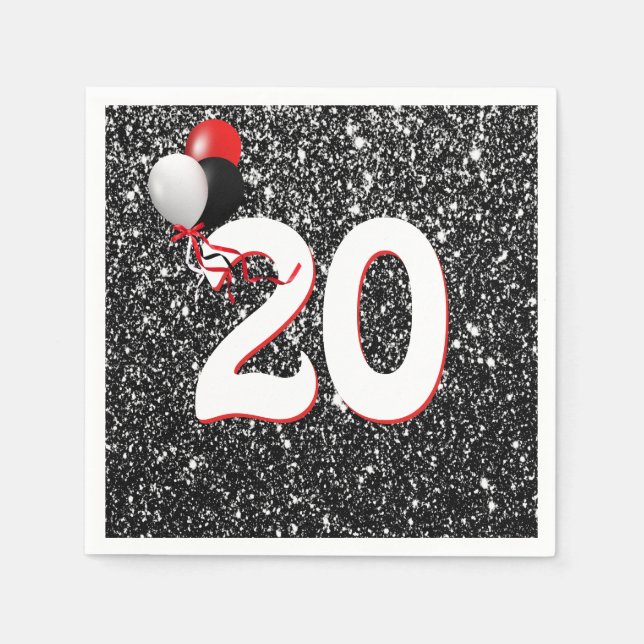 20th Birthday Balloons on Black Glitter Napkin (Front)
