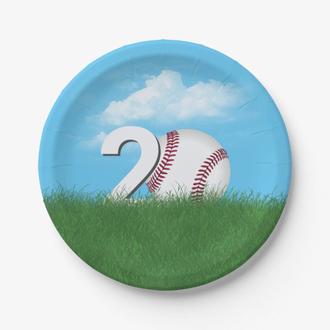 20th Birthday Baseball In Green Grass Paper Plate (Front)