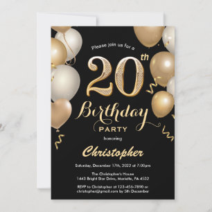 20th Birthday Black and Gold Balloons Confetti Invitation