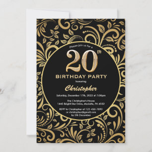 20th Birthday Black and Gold Floral Pattern Invitation