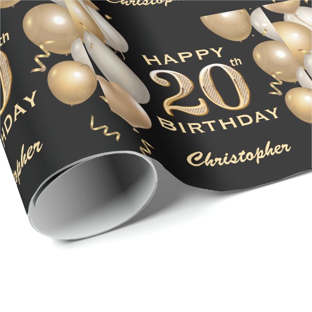 20th Birthday Black and Gold Glitter Balloons Wrapping Paper (Roll Corner)