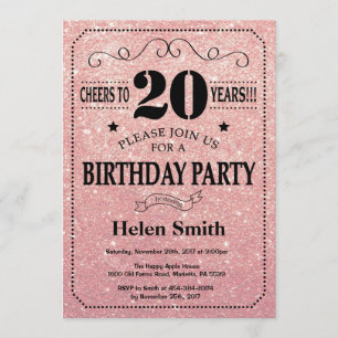 20th Birthday Black and Pink Rose Gold Glitter Invitation
